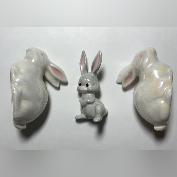 Bunny Decorations |Set Of 3 | Glossy Chrome Ceramic Bunnies + Glossy Gray Bunny - Picture 4 of 9